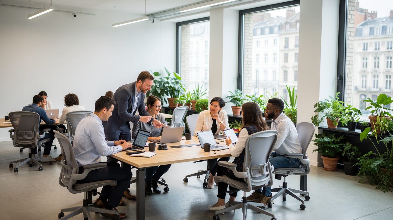 Bright open-plan office with employees collaborating