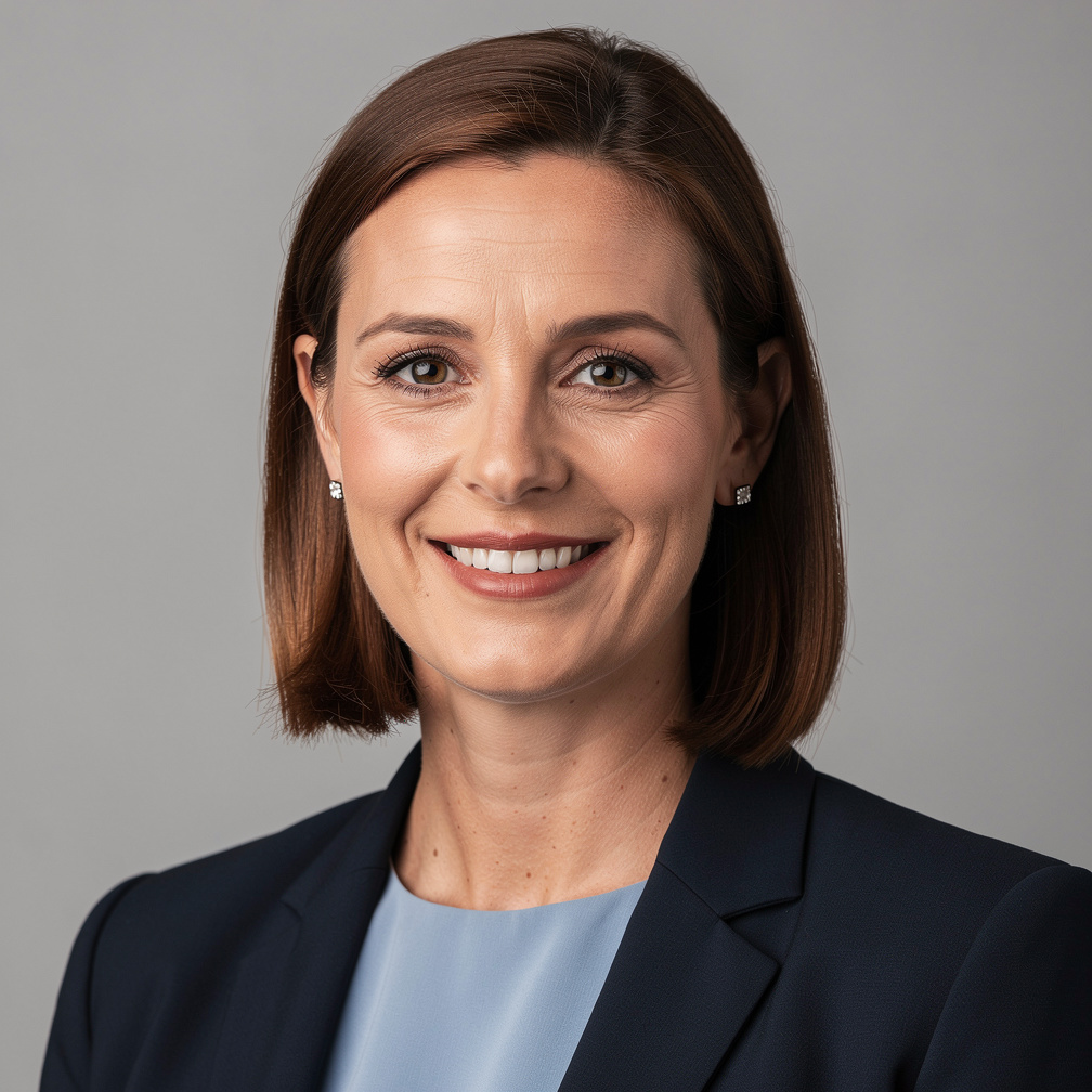 Studio portrait of a Belgian woman in business casual attire